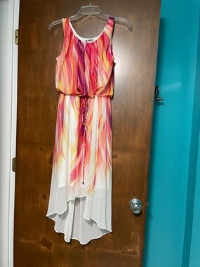Sleeveless High-Low Maxi Dress in Pink, Coral & Yellow